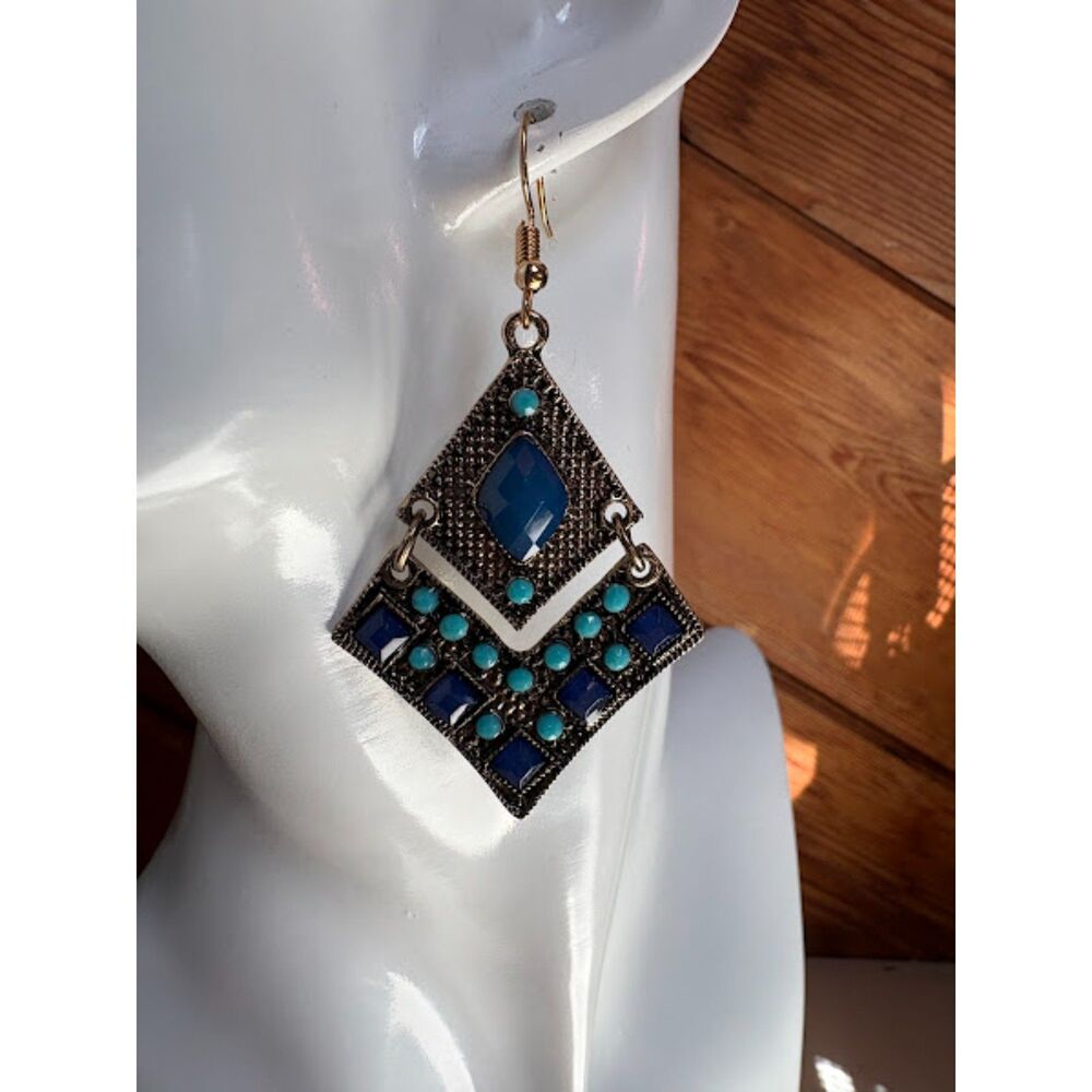 Blue & Gold-Tone Rhinestone Geometric Dangle Earrings NWT 2.5"